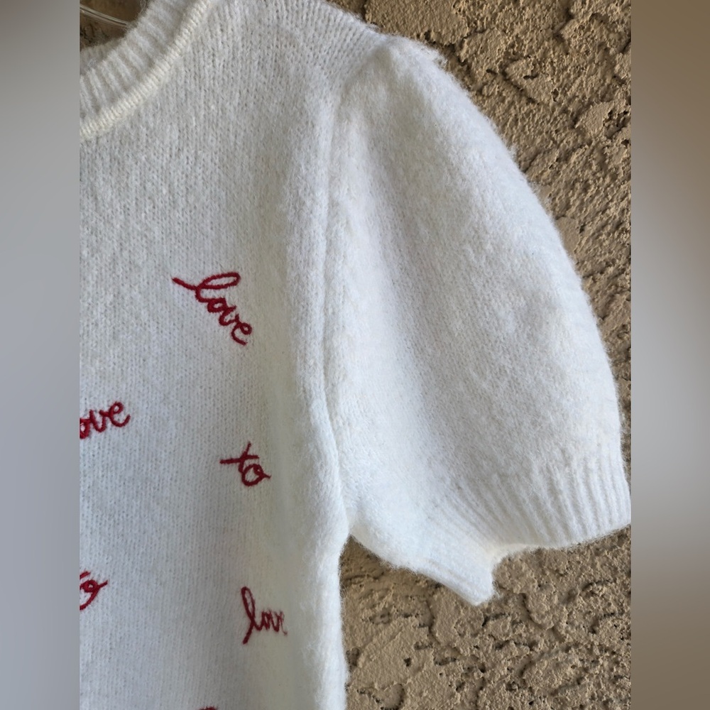 Cynthia Rowley Love Script Sweater White & Red Embroidered Puff Sleeve NWT XS - Picture 4 of 8